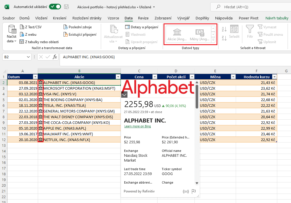 Akciové portfolio v Excelu