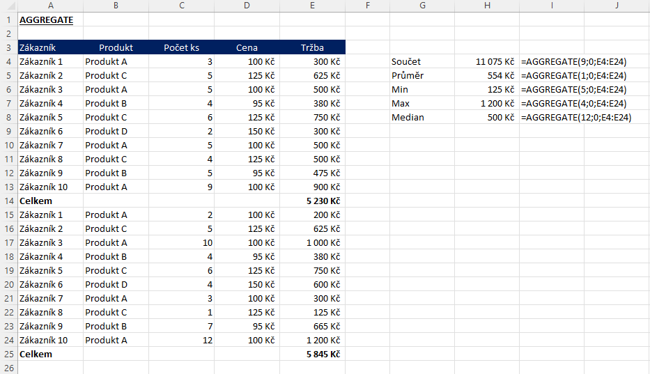 Excelové funkce Aggregate 1