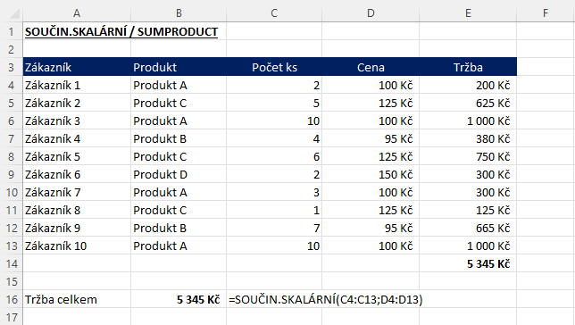 Excelové funkce Součin.skalární