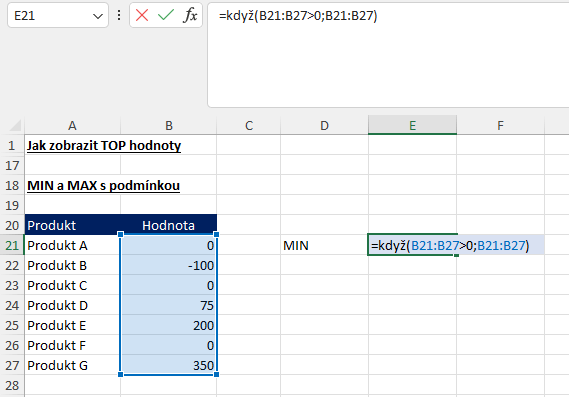 Nejnižší a nejvyšší hodnoty v seznamu v Excelu 7