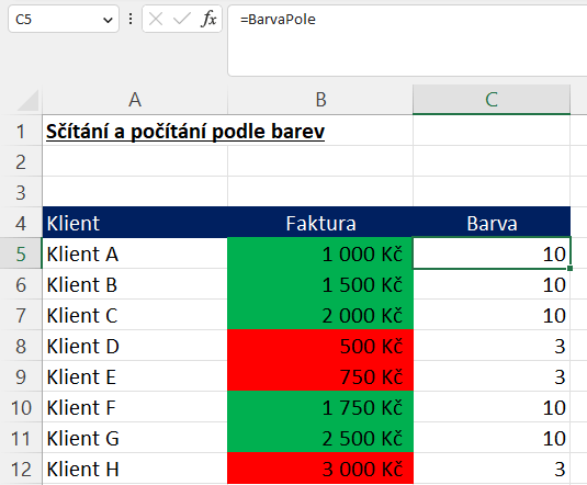 Sčítání buněk podle barvy 3