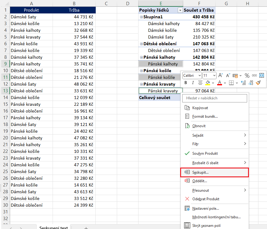 Seskupení textových hodnot v kontingenční tabulce 5