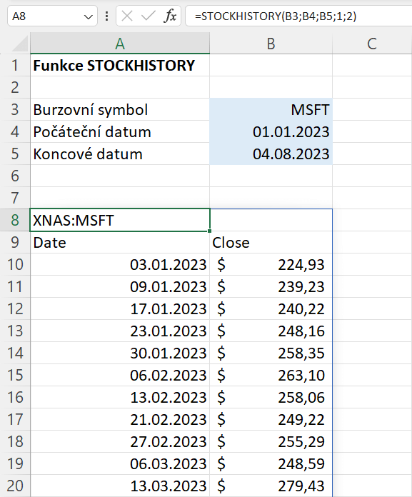 Funkce STOCKHISTORY 10