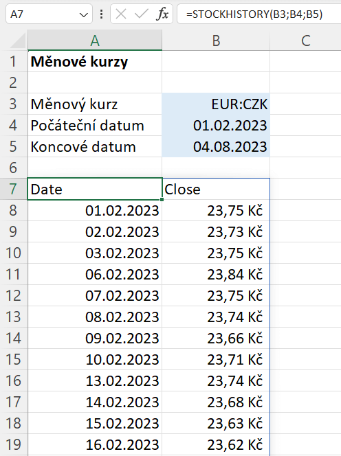 Funkce STOCKHISTORY 18