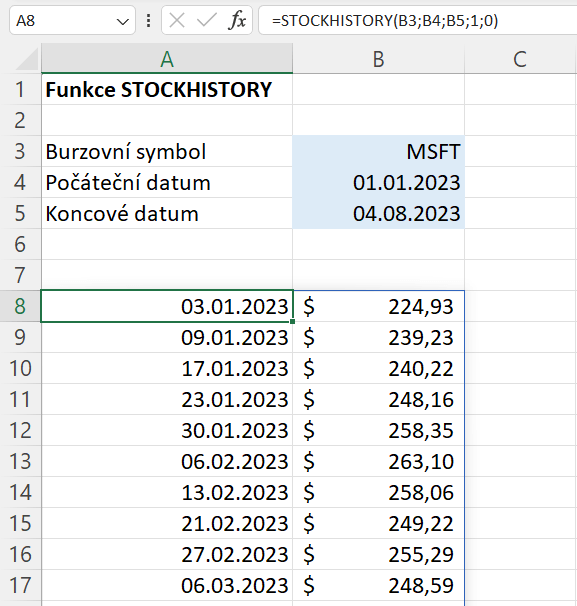 Funkce STOCKHISTORY 8