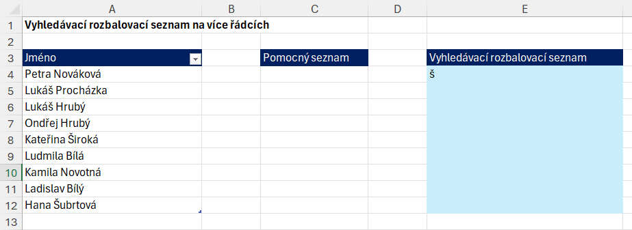 Vyhledávací rozbalovací seznam v Excelu 1