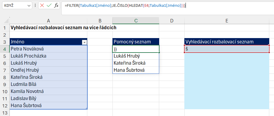 Vyhledávací rozbalovací seznam v Excelu 4