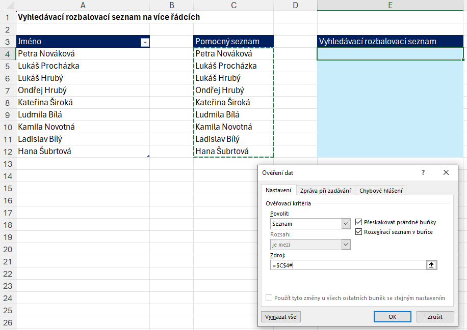 Vyhledávací rozbalovací seznam v Excelu 5