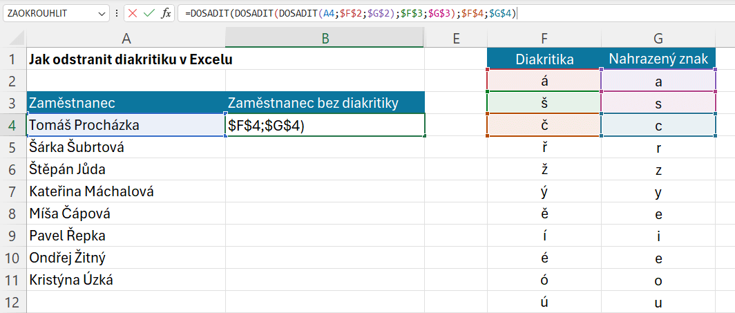 Háčky a čárky v Excelu 5