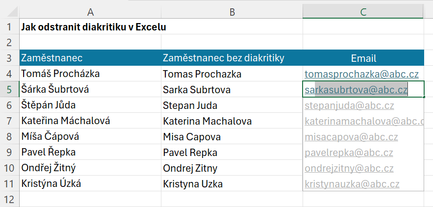 Háčky a čárky v Excelu 7